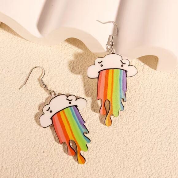 funny cartoon cloud puking a rainbow acrylic earrings - Picture 2 of 4
